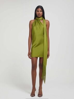SERAFIA DRESS GREEN Silky Olive Green Halter Mini Dress with Scarf